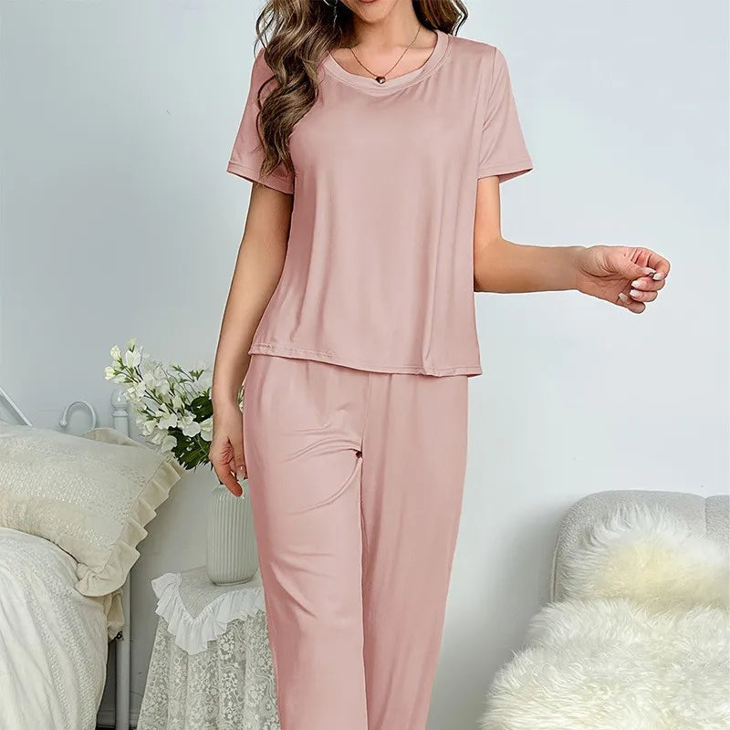 Women's Pajamas Set Solid Color Short Sleeve O Neck T-Shirt+Trousers 2 Pieces Suit Sleepwear Soft Loose Pijama Female Loungewear