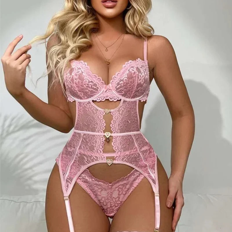 Lace Sexy Lingerie Set Sheer Transparent Bra Garter Belt Women's Hot Sleepwear Underwear Set Romantic Honeymoon Valentine's Gift