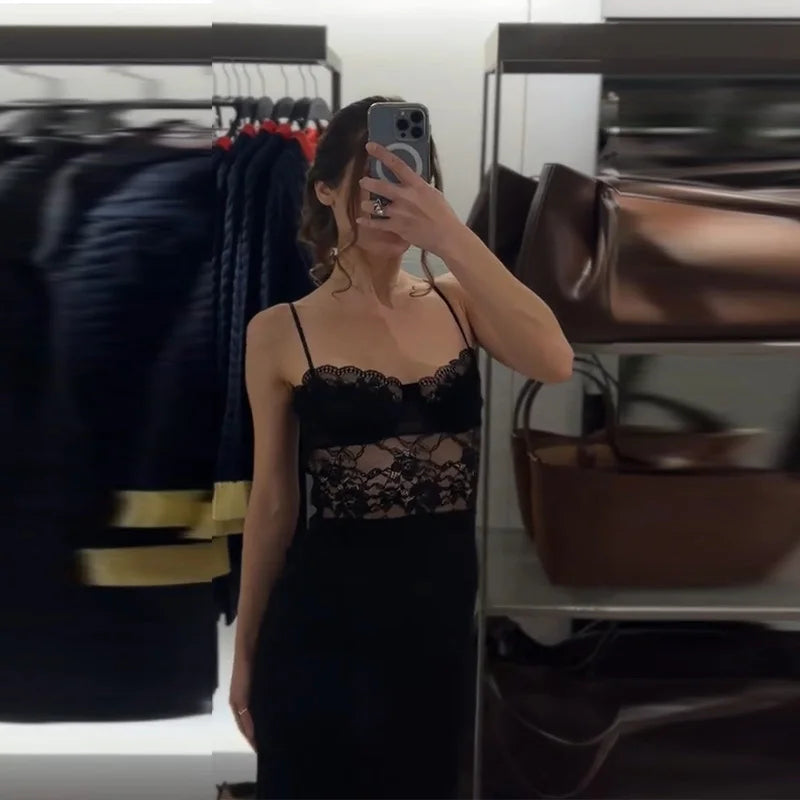 Lace Patchwork Women Slip Dress Sexy Sleeveless Spaghetti Strap See Through Slim Fitting Female Dress Summer Party For Lady 2026
