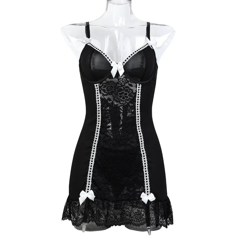 Sexy Babydolls Lace Temptation Night Dress Thong Two Piece Set Women's Exotic Underwear Hot Sexy Floral Lace Bow Lingerie Sets