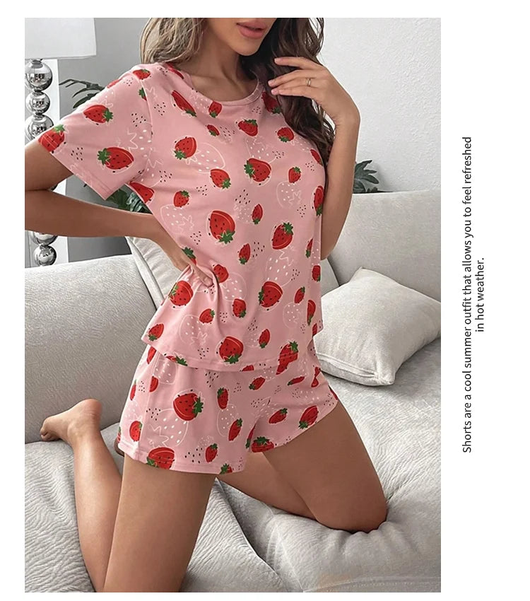 Pajamas Set for Women Breathable Cherry & flower Print Sleepwear Comfy Camisole Top and Shorts Pyjama Home Loungewear for Ladies
