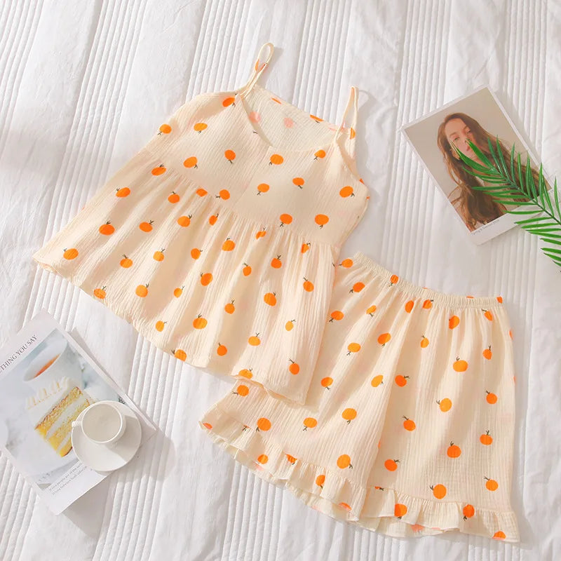 2026Women's Summer Cotton Sleepwear Sets Girl's Camisole Vest with Chest Cushion Shorts Cute Floral Two-piece Home Suit Set 2PCS