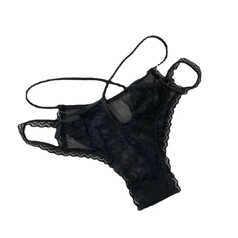 Lingerie Bow Lace Flower Panties Low Waist Hollow French Style Briefs Transparent Thin Strap Lace Mesh Briefs Gifts