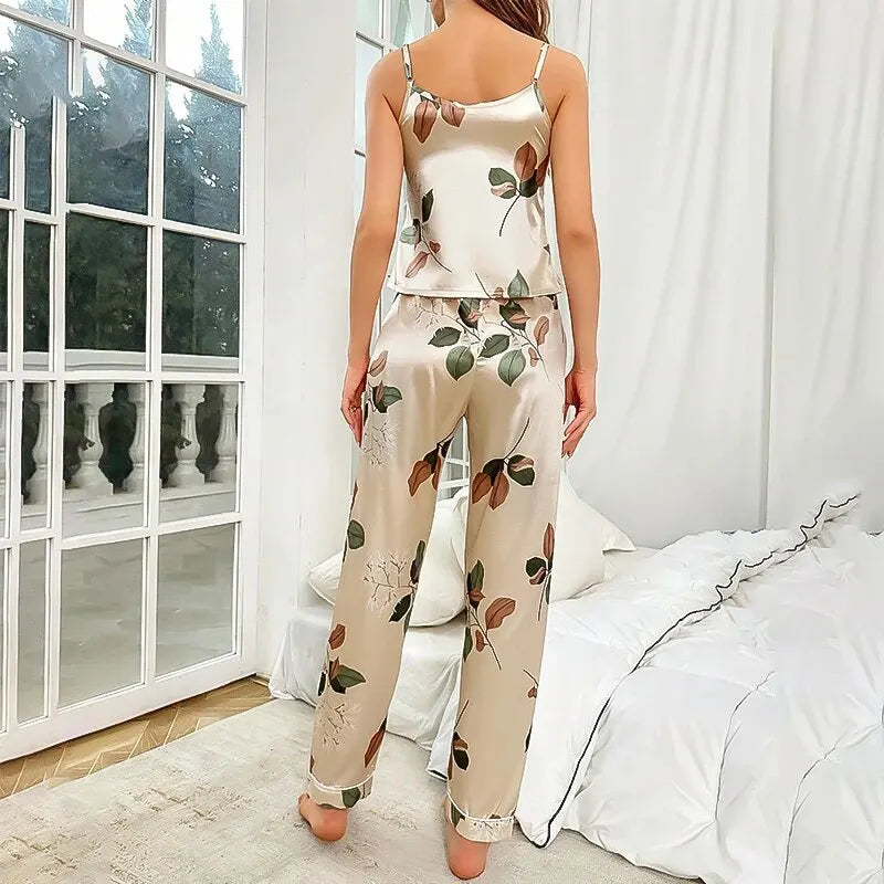 2026 Women's Elegant Leaf Print Satin Pajama Set V Neck Cami Top and Elastic Pants for Comfortable Sleep and Lounging Sleepwear