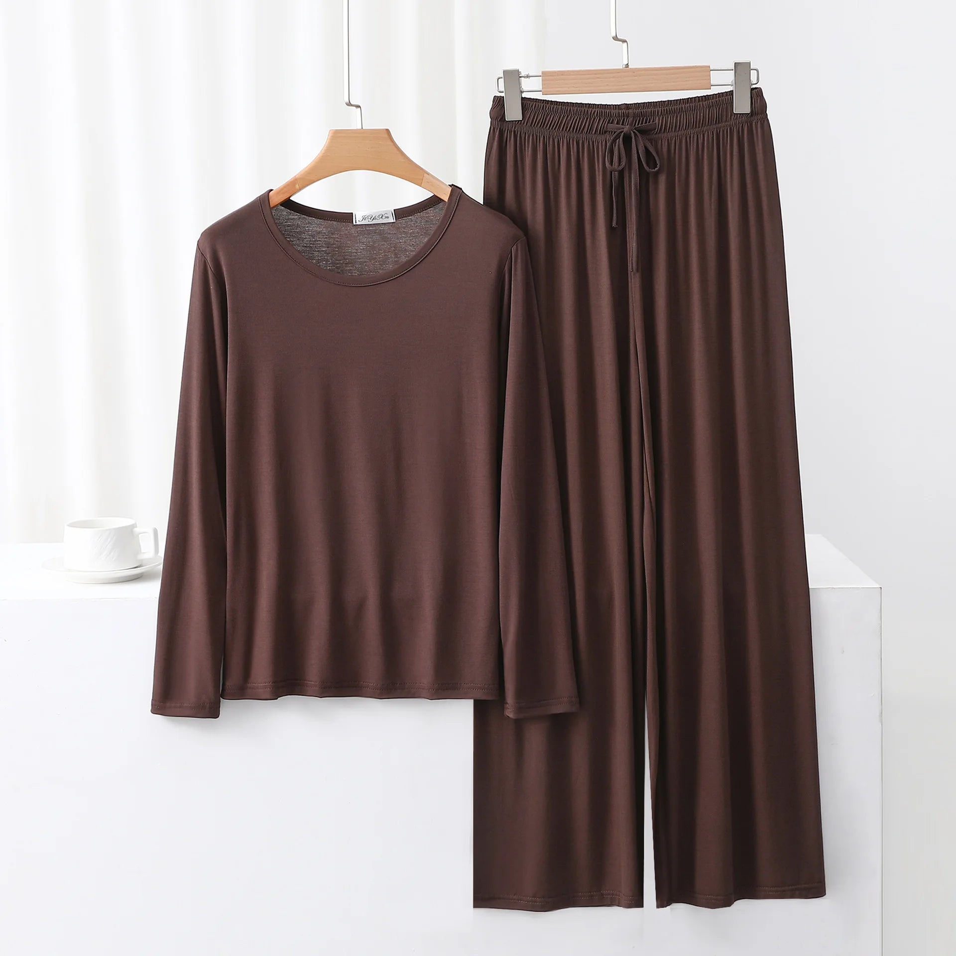 Modal Pajama Sets 2 Piece O-Neck Long sleeved Tshirt and Wide Leg Pant Ankle Length Loose sleepwear set Comfort homewear suits