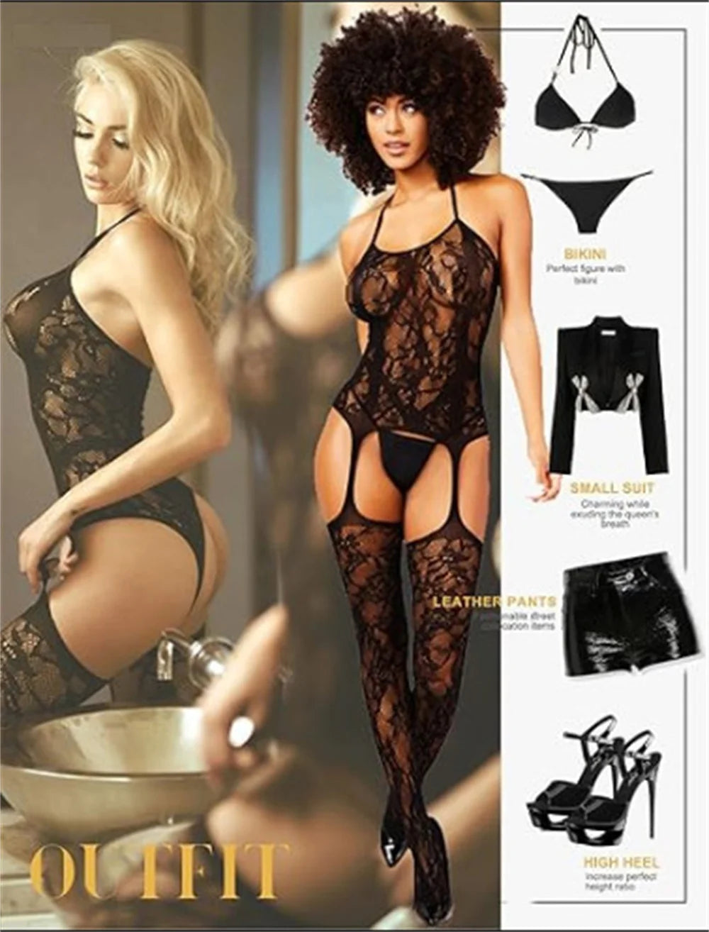 Womens Sexy Costumes Suit Lace Fishnet Bodystocking Attached Stockings Sexy Lingerie Crotchless Bodysuit  Babydoll Outfits Club