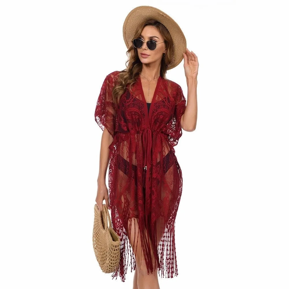 Fashion Lace Mesh Sunscreen Beach Cover Up Floral Tassel Bohemian Shawl Plus Size Transparent Swimsuit Cover Up Women