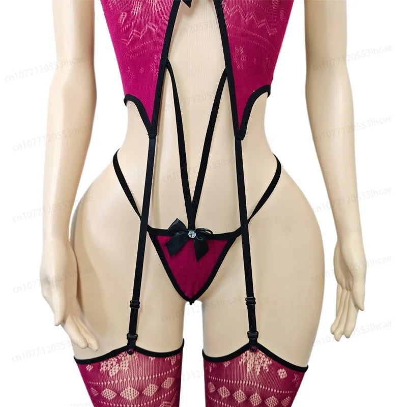 Womens Sexy Mesh Lingerie Sets Exotic Apparel Sexy Slimming Bodystockings Garter Erotic Lace Underwear Bodysuit