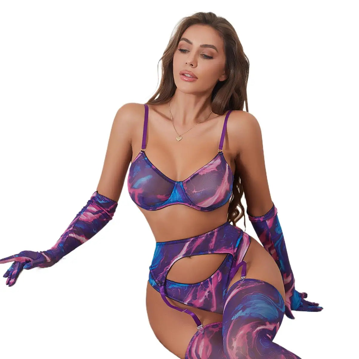 5 Pieces Lingerie Set Women Nightwear tie-dye Printed Halloween Underwear Bras Panties Golves Stocking Erotic Laungerie Set