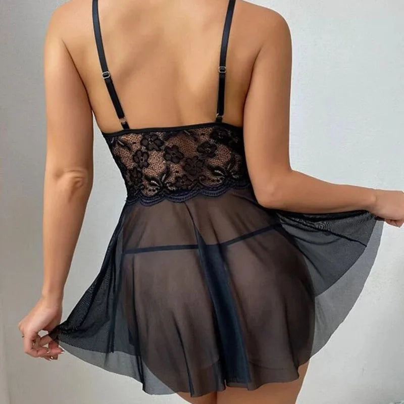 Sexy Lingerie Set Lace Erotic Babydoll Dress Transparent Nightdress Women's Underwear For Sex Fetish Naughty Costume