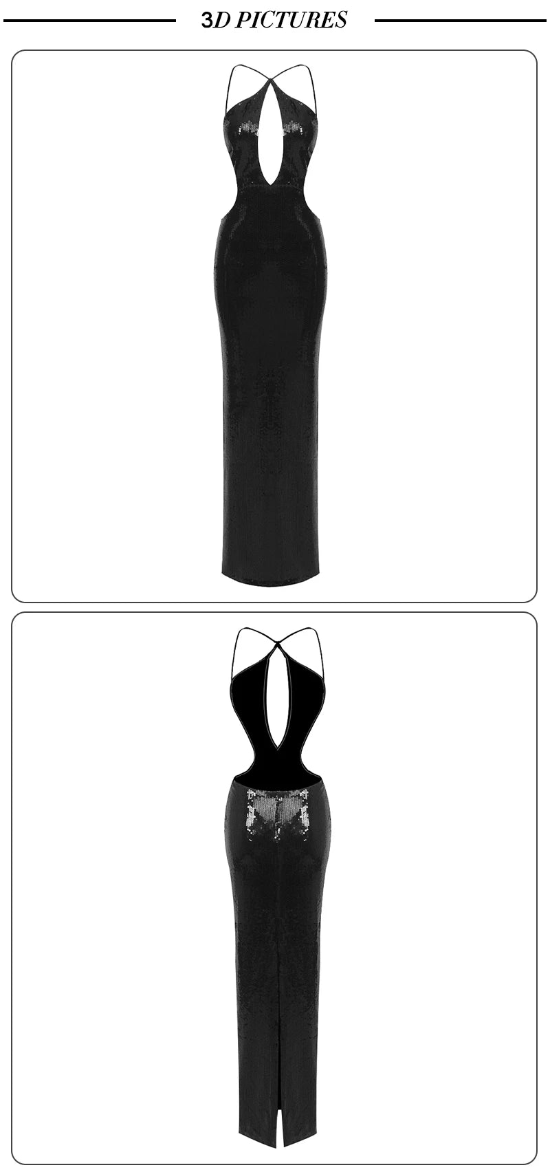 Sexy Sequin Halter Black Long Dress with Deep Plunge Cut-out – Summer New Backless Club Nights DJ Party Birthday Evening Dresses
