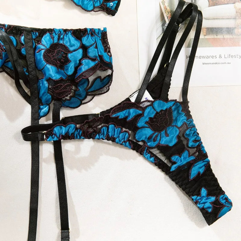 Sissy Sexy Lingerie Sets Exquisite Floral Embroidery 3 Pieces Set Beautiful Erotic Underwear Sheer Mesh Bra Panties Garters Belt