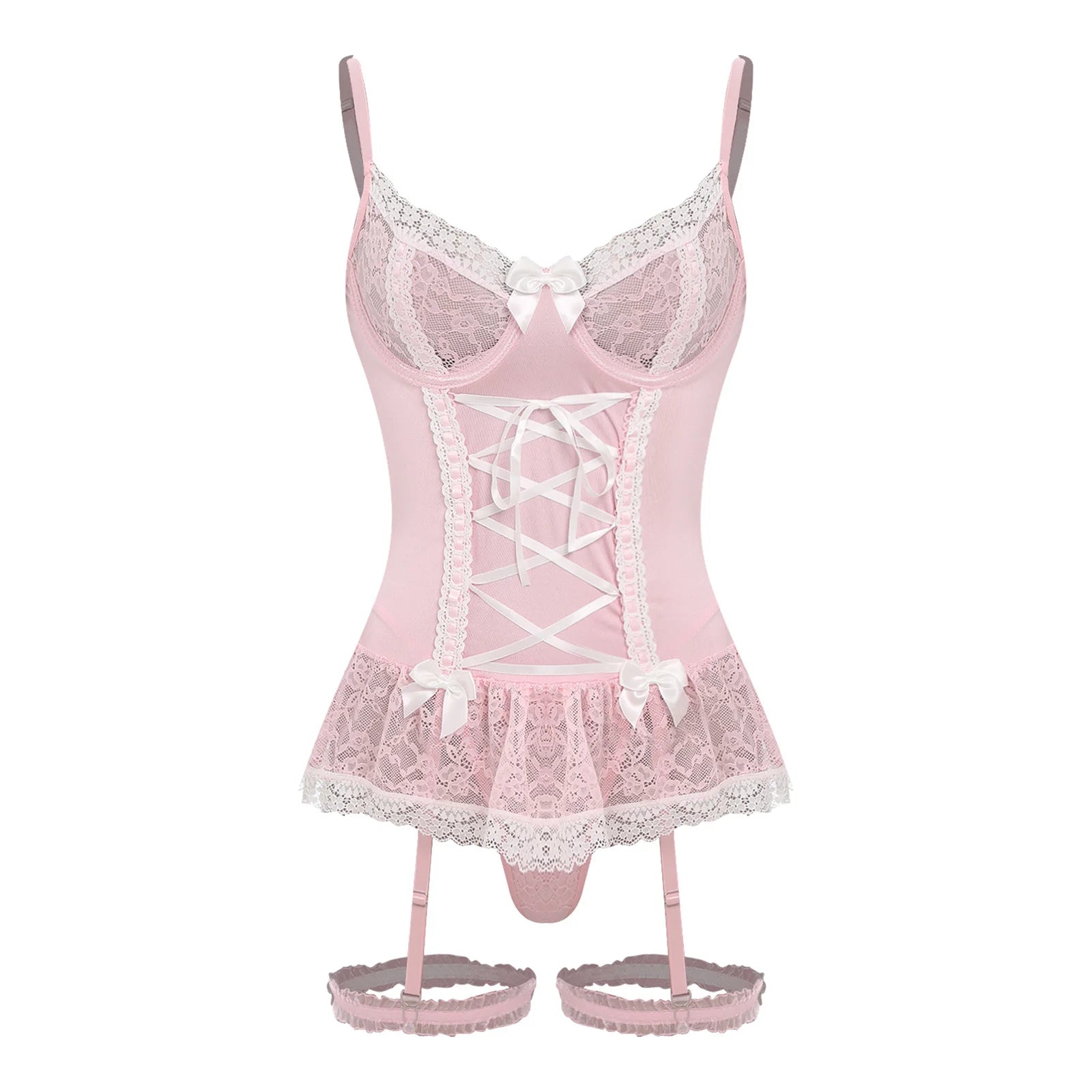 Womens Lingerie Bra And Panty Garter Set Floral Lace Bowknot Lace-up See-through Dress Top with G-string Garters And Thigh Loops