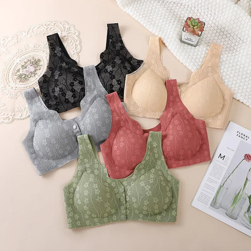 Mom's underwear, middle-aged and elderly women's bras, seamless front open button vest style, oversized summer thin new bra