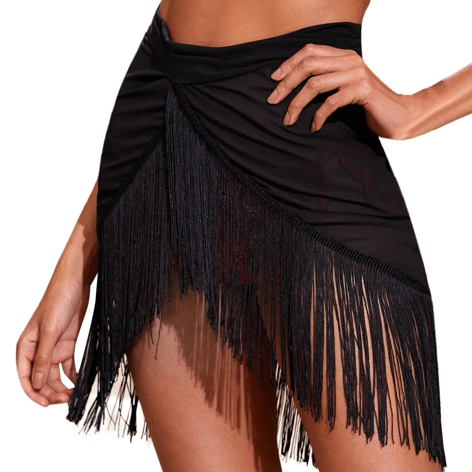 Women's Irregular Sarong Skirt Beachwear Cover Ups Tassels Design High Waist Smock Sunscreen Large Size Mid Waist Cover Ups