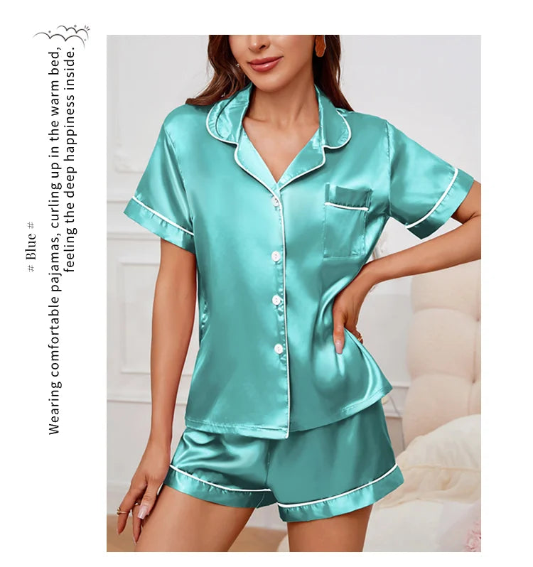 Women's Pajamas Set Summer Short Sleeve Button Down Top & Shorts Two-piece Pj Sets Sleepwear Loungewear Pyjama Femme Nightwear