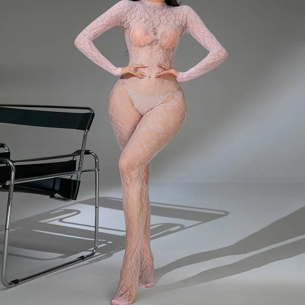 Sexy Teddies Bodysuit Fashionable Flower Print Elasticity Fetish Open Crotch Sexy lingerie Body Full Stocking Erotic Lingerie Co