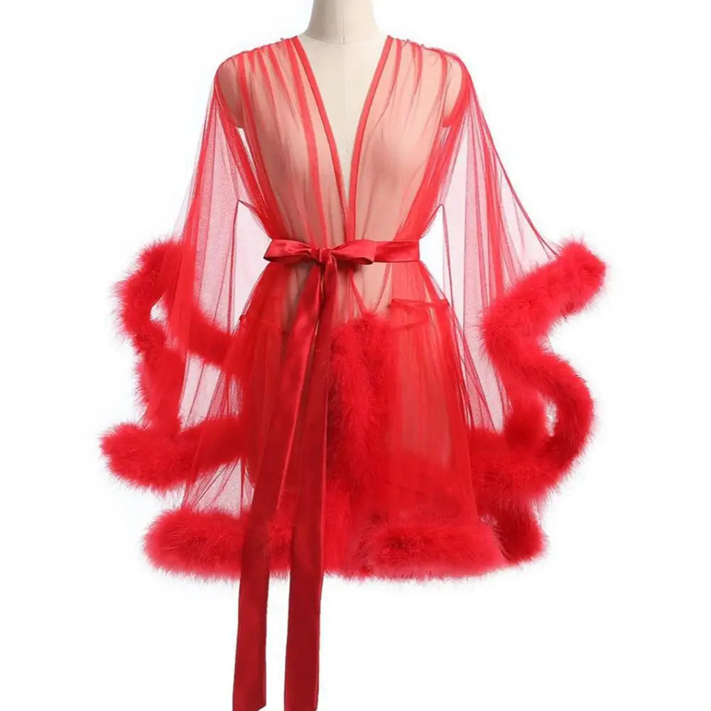 Female Sheer Shapewear Robes Fashoin Long Sleeve Plush Spliced Thin Lingerie Women Lace Up Erotic Midi Long Sexy Robes