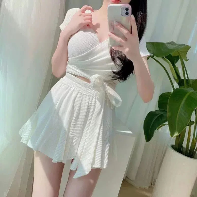 Women'sSwim Set Ribbed V Neck Wrap Crop Top With Tie Waist And Ruffled Flared Skirt Cover Up Modest Summer Bathing Suit Swimwear