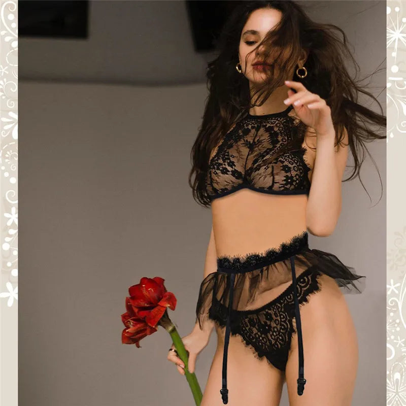 Sexy Lace Lingerie Sets See Through Erotic Bra Panties Garters Underwear Flirting Costumes Clothes Sex Outfits for Women