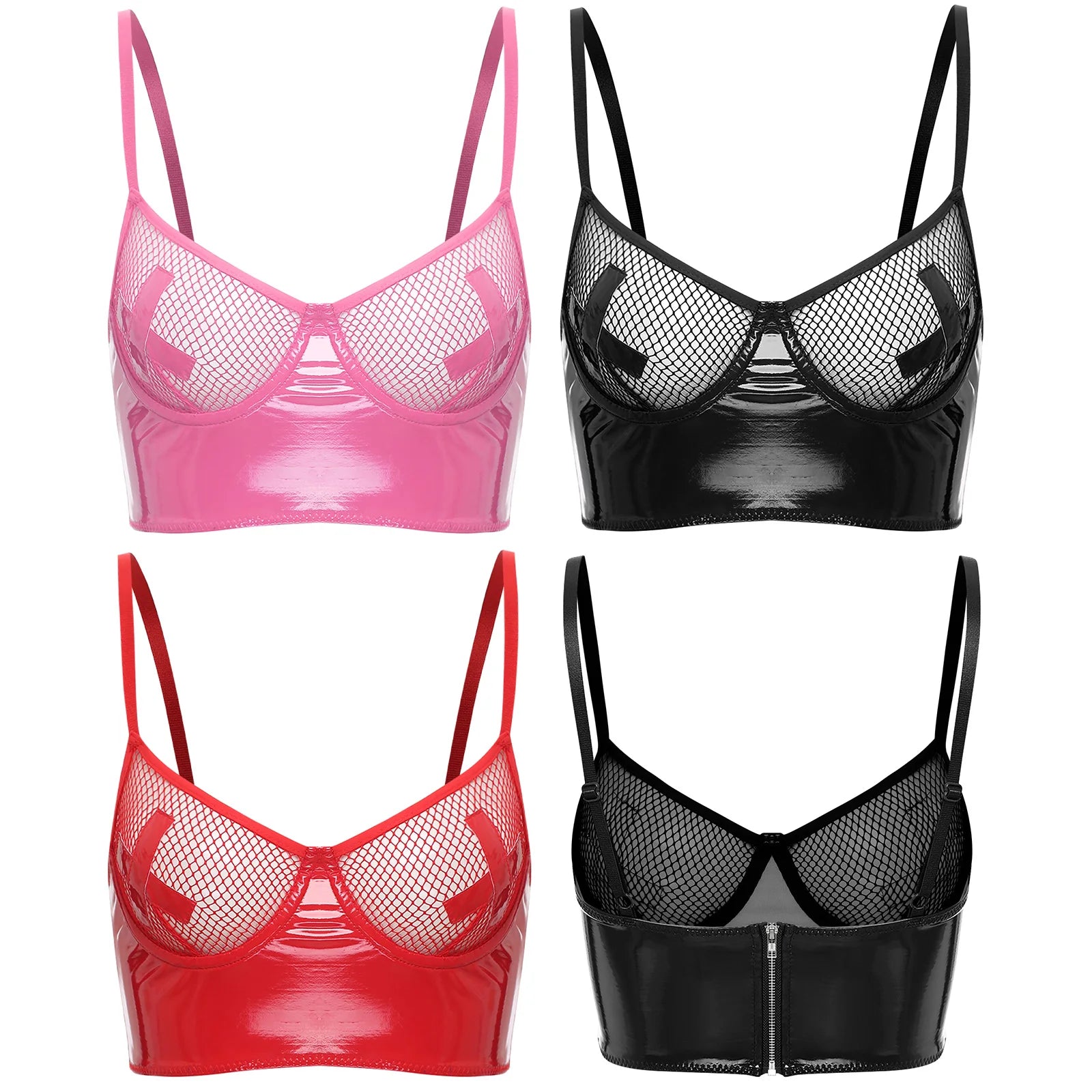 Womens Lingerie Fishnet Mesh Bra Bustier See Through Mesh Underwire Balconette Back Zipper Bras Sexy Push Up Wet Look Crop Top