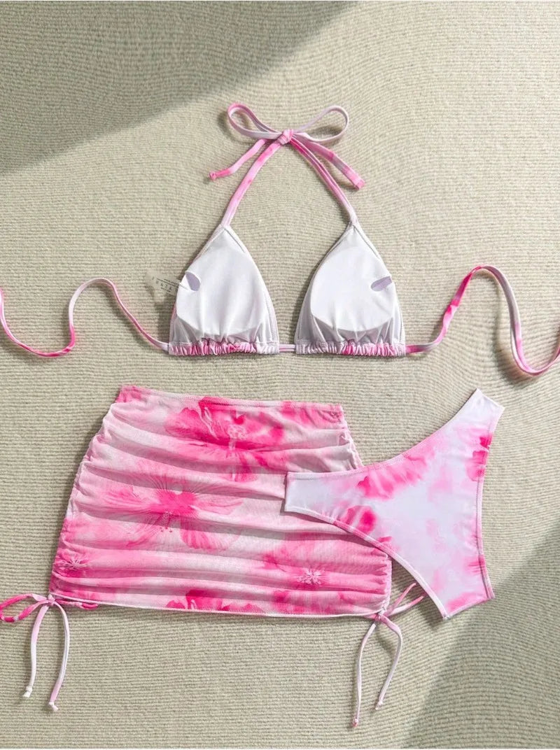 Sexy 3 Piece Bikini Set Women Printed Split Swimsuit Neck Strap Bathing Suit with Cover Up Skirt Swimwear Biquine Brasileiro