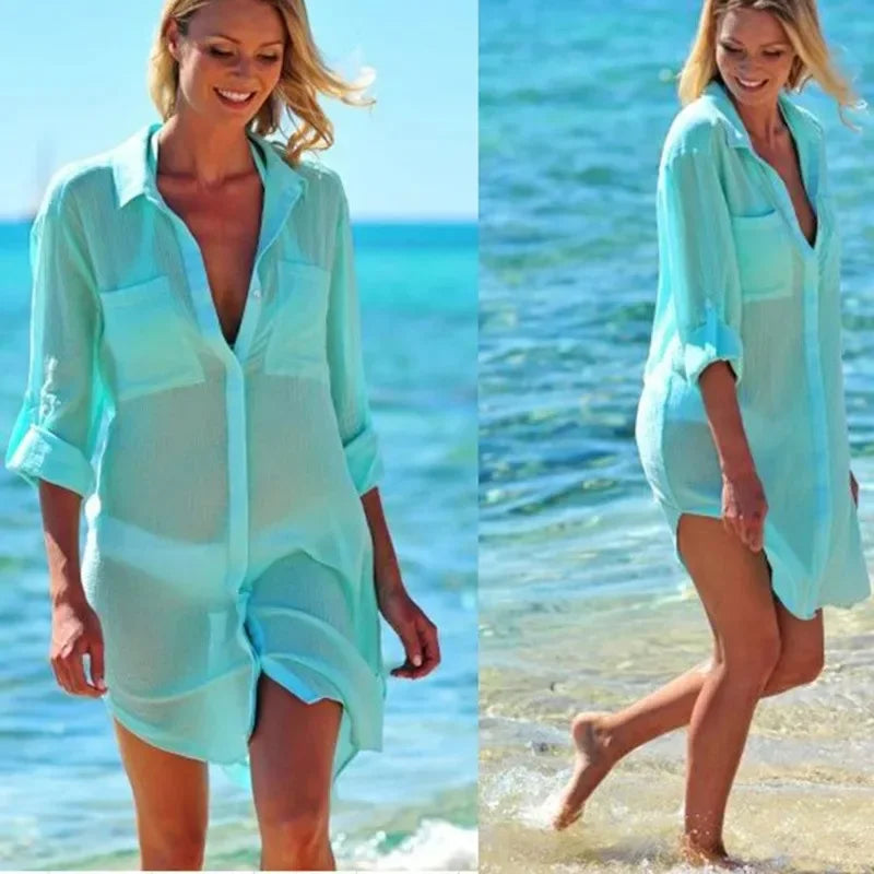 Sexy Beach Cover Up Women Bikini Pocket Swimsuit Cover Up Hollow Out T-shirt White Bathing Suit Cover-Ups Tunics Beachwear Robe