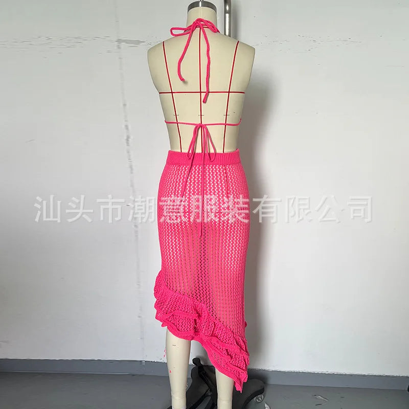Sexy Women Bikini Two Piece Crochet Set Sleeveless Hollow Out Crop Top and Ruffled Skirt Outfit Summer Beach Knitted Cover Ups