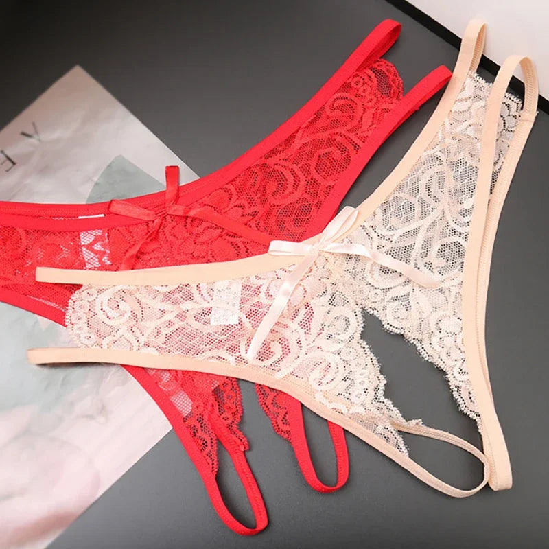 Sexy Lingerie Women's Panties Crotch Opening Transparent G-strings Thongs Solid Bowknot Underwear for Ladies Women Lace Pantys