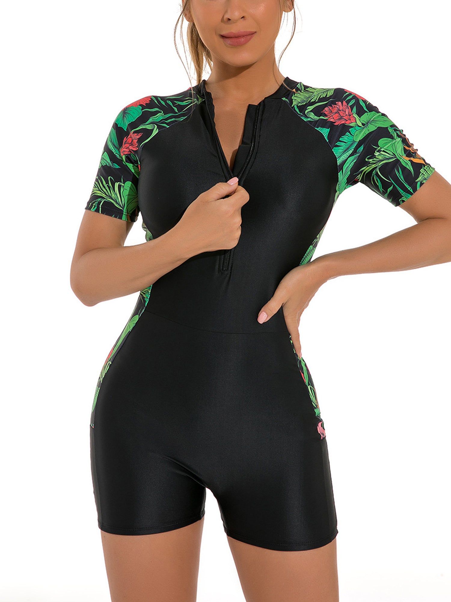Womens One-piece Swimwear Bathing Suit Short Sleeve Floral Print Zipper Swimsuit Rash Guard Wetsuit Beachwear for Surfing Diving