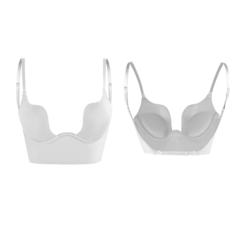 Womens Low Back Bra Wire Lifting Deep U Shaped Plunge Backless Bra with Multiway Convertible Clear Straps Body Shaper Lingeres