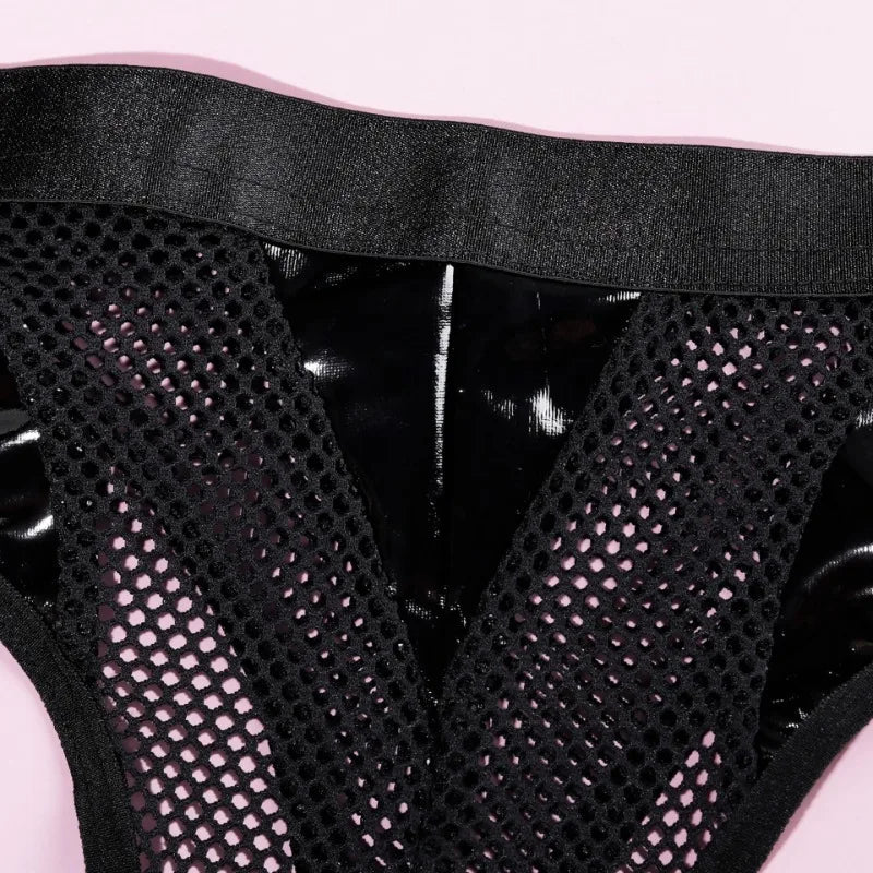 Sexy Fetish Lingerie Sets for Women 2 Piece Leather Sheer Mesh Corset Tops Bodysuit Exotic Underwear Bandage Push Up Bra Panties