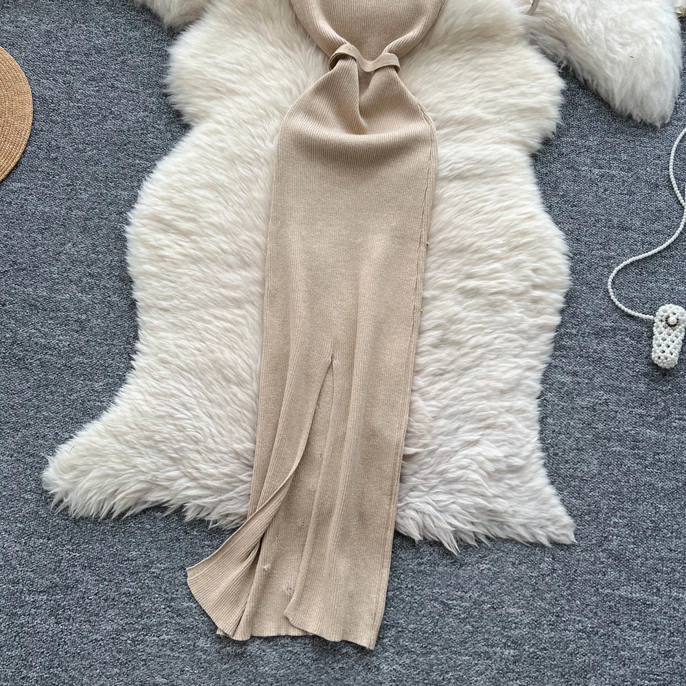 Sexy Knitting Split Long Dress Sleeveless Sequins Diamonds With Sashes Skinny Sundress 2025 Fashion Women Summer Dress