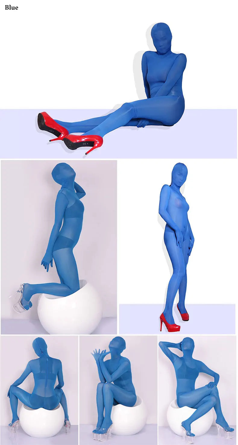 Sexy See Through Ice Silk Full Wrap One-piece Tight Jumpsuit High Elastic Home Corset Zipper Open Crotch Bodysuit