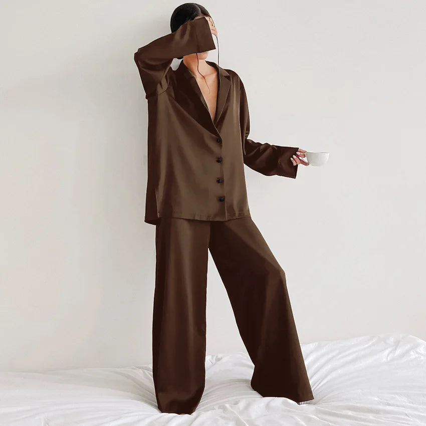 Two Pieces Women Pajama Sets Single Breasted Blouses Lounge Full Sleeve Spliced Straight Pants Casual Solid Lady Sleepwear