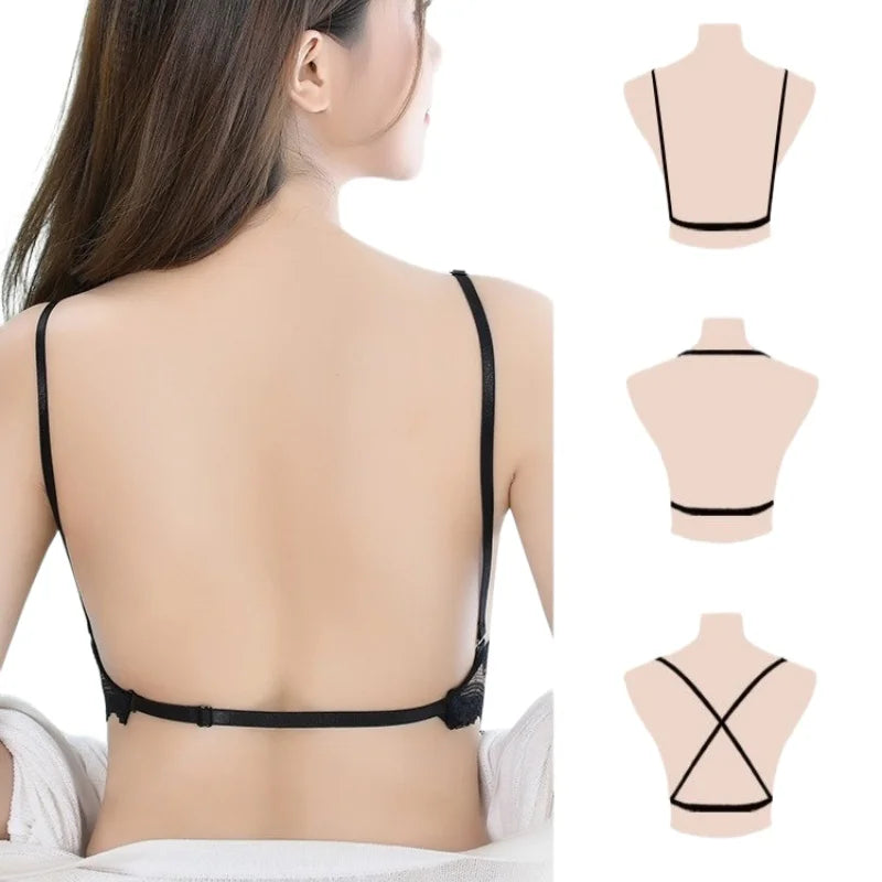 Convertible Lace Bralette Low Back Wireless Bras for Women Sexy Lingerie Thin Spaghetti Straps Brassiere 3-Way to Wear Underwear