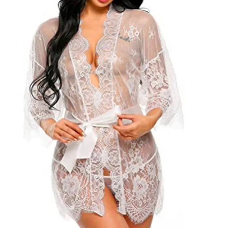 Plus Size Women Sexy Lingerie Robe  Porno Sleepwear Nightgown Lace See Through Dress Transparent Babydoll Erotic Nightwear Set