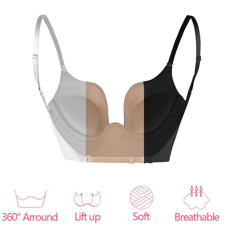 Seam-free Womens Low Cut Plunge Bra Wire Lifting Deep U Shaped Multi-Way Push Up Convertible Plunge Backless Sexy Bra
