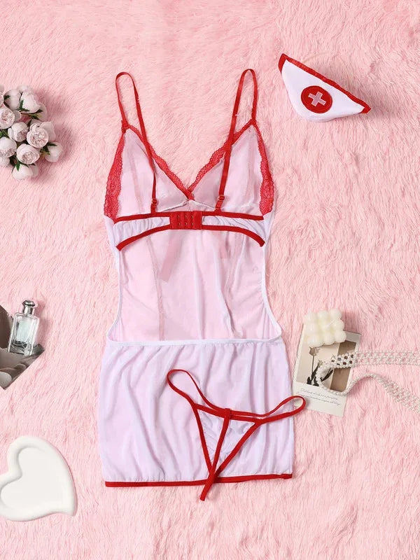 2027 Erotic Nurse Lingerie Set: See-Through Lace Bra, Panty & Garter Costume - Unleash Your Naughty Side