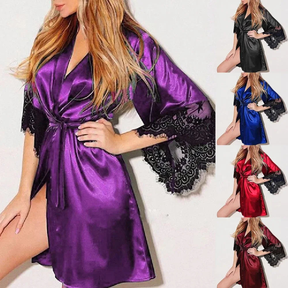Female Sexy Lingerie Silky Satin Sleepwear Women Night Gown Robe with G String Floral Lace Bathrobe Halt Sleeve Nightdress