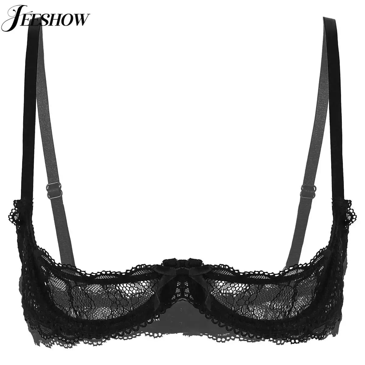 Womens Sexy Lace 1/4 Cups Unlined Bra See Through Mesh Push Up Underwired Brassiere Non Padded Balconette Bras Lingerie Tops