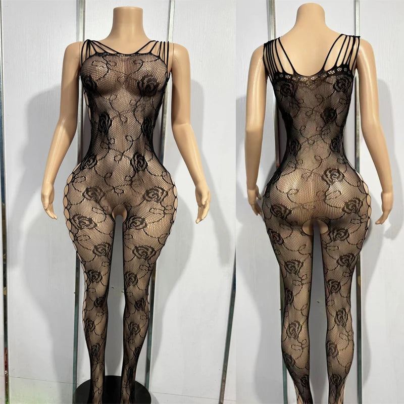 Lingerie Set for Women Lace Transparent Bodystockings Sexy Costumes Crotchless Sleepwear Female Sex  Babydoll Dress