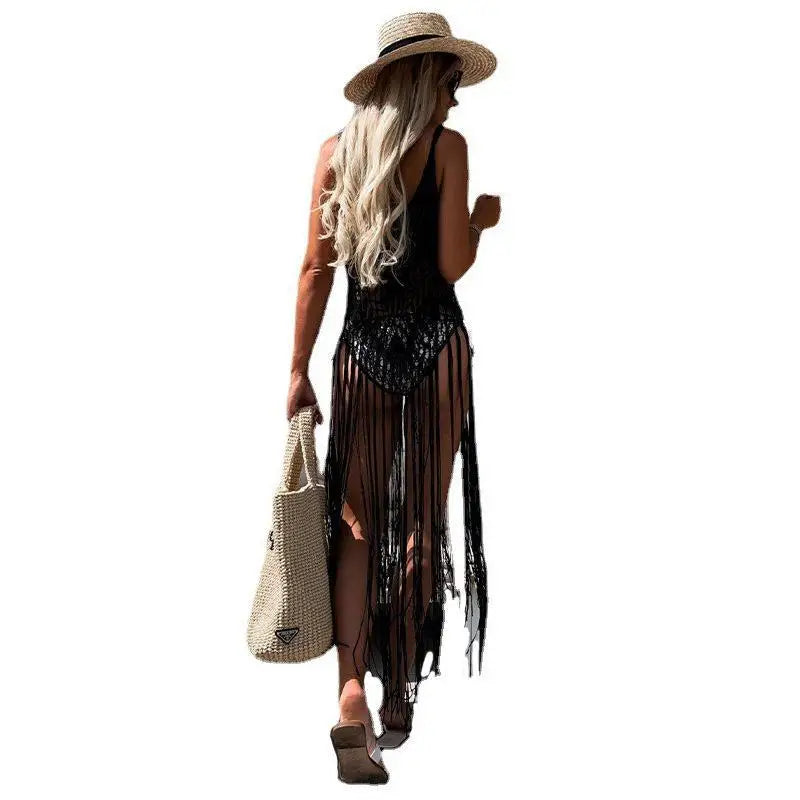 Beach Cover Ups for Swimwear Women Sexy Hand Hook Hollow Out Sunscreen Shirt with Long Tassel Beach Cover