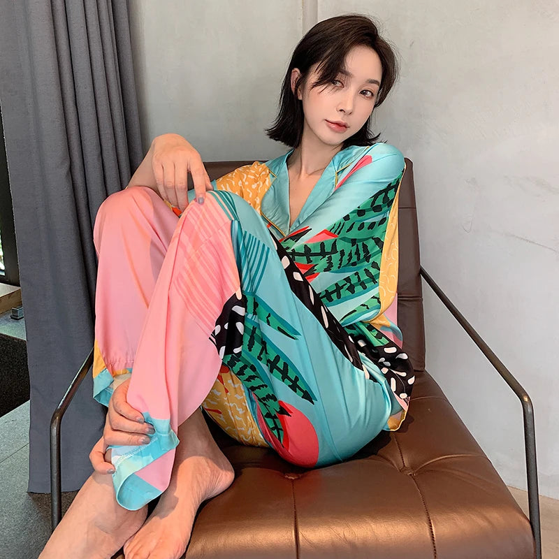 Satin Pajamas Set Spring Summer Home Suit with Pant Women's Print Pijama Suit Silk Pijama Set Sleepwear for Female Pyjamas