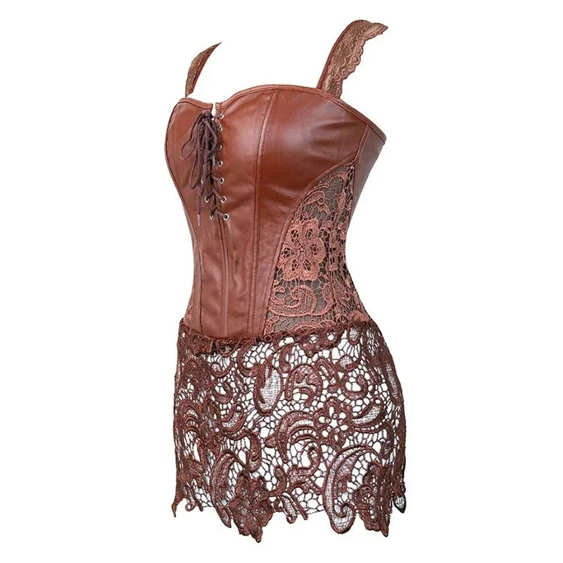 Women's Sexy Burlesque Lingerie Gothic Faux Leather Steampunk Corset Black Lace Bustier Overbust Corsage Korsett Corsets Top