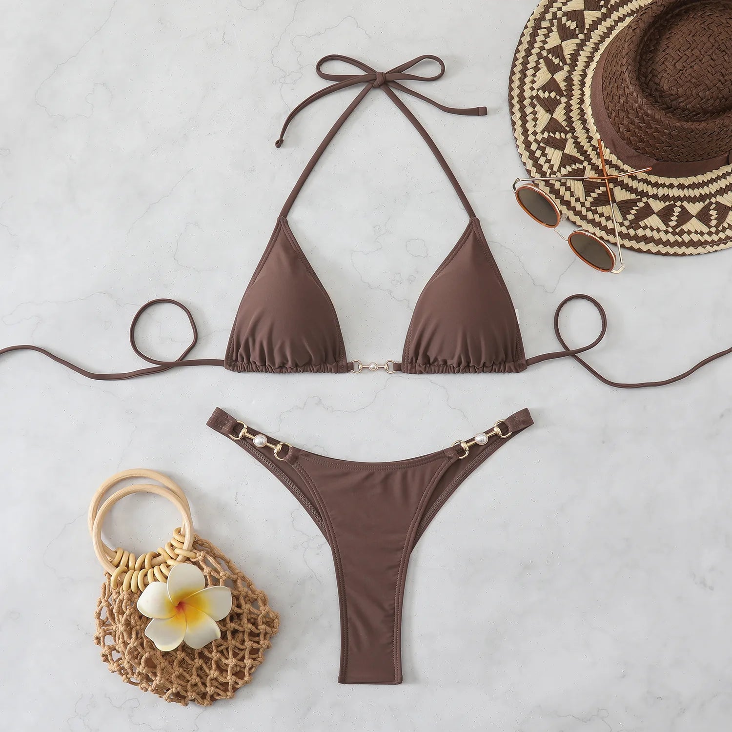 New Two-Piece Bikini Set Sexy Triangle Tie-Up Swimsuit Beach Vacation Swimwear Summer Trendy Top Bottom Beachwear Resort Outfit