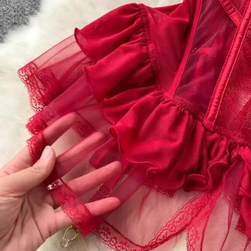 Sexy Lingerie Lace Gauze Elasticity Corset with Chest Pad Straps Belt Underwear Lace Up Body Bustier Overbust Breathable Tops