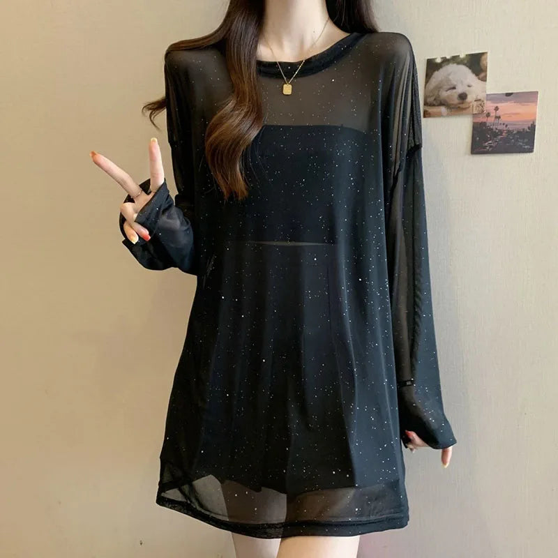 Black Sexy See Through Sheer T-Shirts Women Luxury Sequin Thin Ice Silk Long Sleeve T Shirt Summer Breathable Sun-Proof Tops