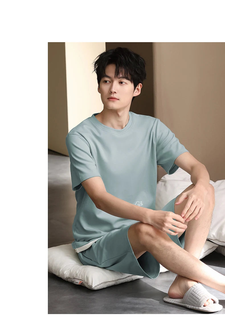 Pyjamas Male Full Pure Cotton Fashion Men Short Sleeve Short Pants Pajamas Set 2 Piece/set Summer Pijama Hombre Home Lounge Gift
