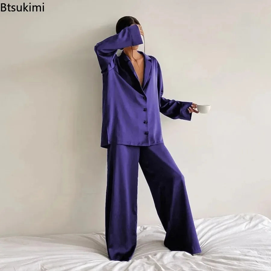 2026 Sexy Low Cut Pajama Sets for Women Loose Casual Long Sleeve Trouser Home Wear 2pcs Sets Solid Satin Silk Female Pijama Suit